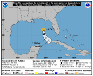 Latest forecast track for Tropical Storm Arlene. Image: NHC