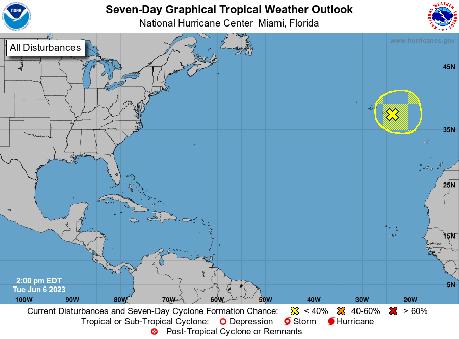 The area shaded in yellow is being monitored by the National Hurricane Center for any signs of subtropical or tropical development. Image: NHC