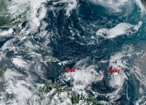 Tropical Storms Bret and Cindy spin about in the Atlantic Hurricane Basin today. Image: NOAA