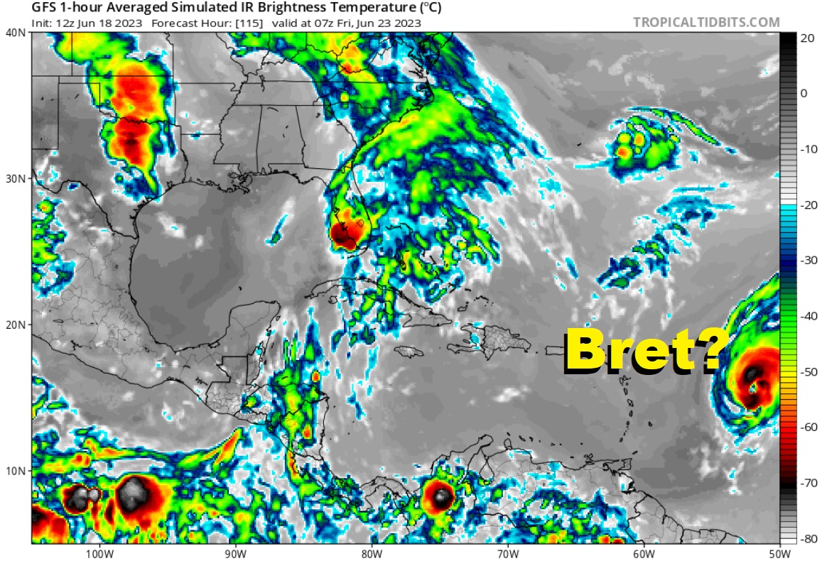 This simulated satellite view based on computer forecast model data shows what could be Bret approaching the Caribbean in about a week. Image: tropicaltidbits.com