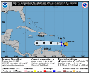 Latest National Hurricane Center forecast track for Bret.  Image: NHC