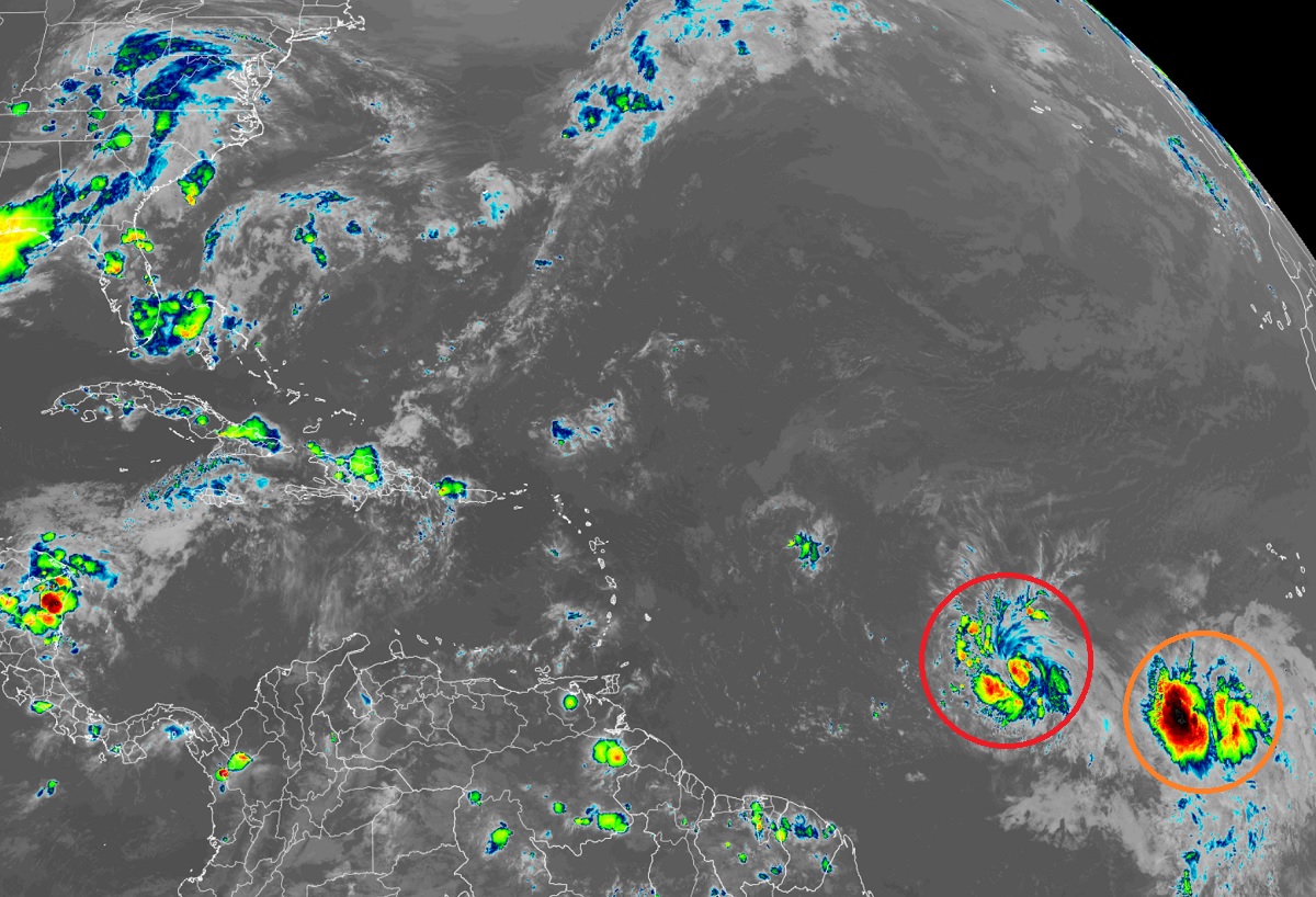 Brett appears inside the red circle on this latest satellite view; a disturbance to its east may become the next tropical cyclone of hurricane season, perhaps being named as Cindy at some point. Image: NOAA