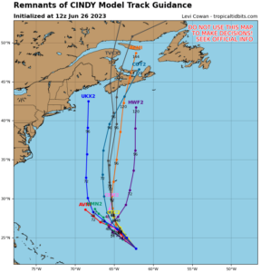 Some computer forecast models return Cindy as a tropical storm to the coast of Maine or Nova Scotia in the coming days. Image: tropicaltidbits.com
