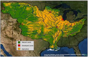 The Mississippi River watershed, which encompasses over 40% of the continental U.S and crosses 22 state boundaries, is made up of farms (yellow), cities (red) and natural lands (green). Nitrogen and phosphorus pollution in runoff and discharges from agricultural and urban areas are the major contributors to the annual summer hypoxic dead zone in the Gulf of Mexico (gray). Image: USGS