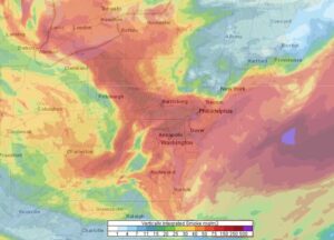 This is a model depiction of vertically integrated smoke expected early Friday across portions of the eastern United States. This is based on HRRR high-resolution short-duration model data. Image: NOAA