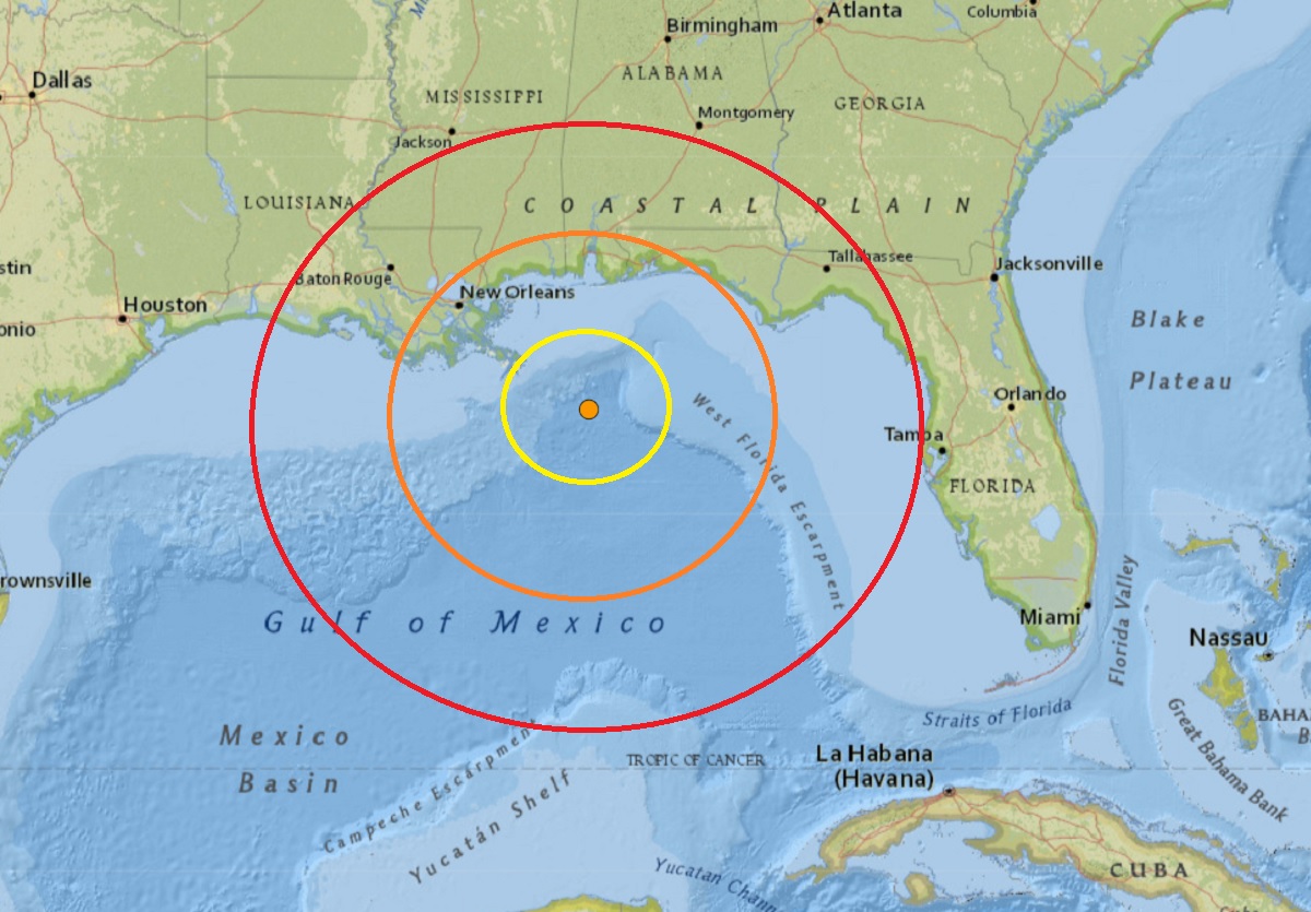 The overnight earthquake struck in the Gulf of Mexico at the orange dot inside the concentric colored circles. Image: USGS