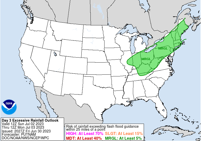 The area in green could have flood issues to contend with Sunday into Monday.  Image: NOAA WPC