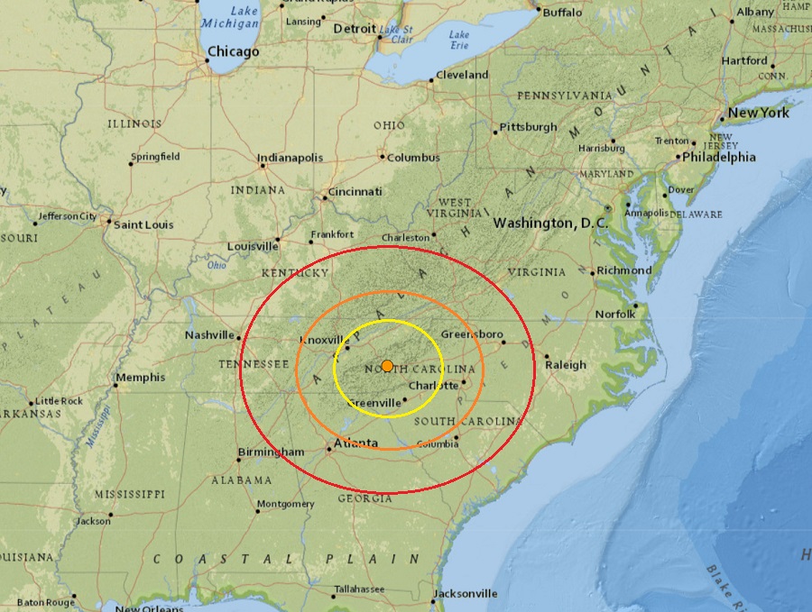 Today's earthquake had an epicenter at the orange dot inside these colored concentric circles over North Carolina. Image: USGS