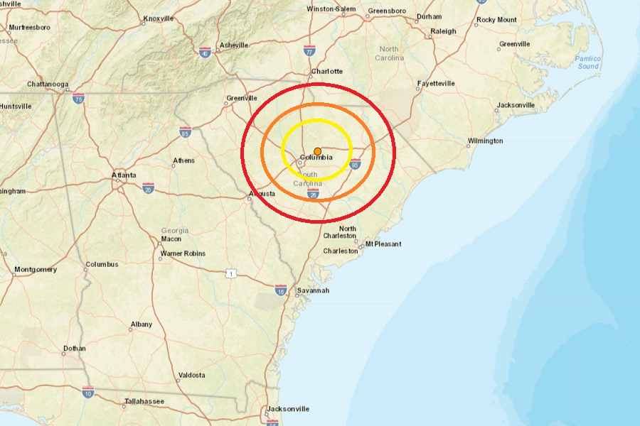 This morning's earthquake struck north and east of Columbia, South Carolina. Image: USGS