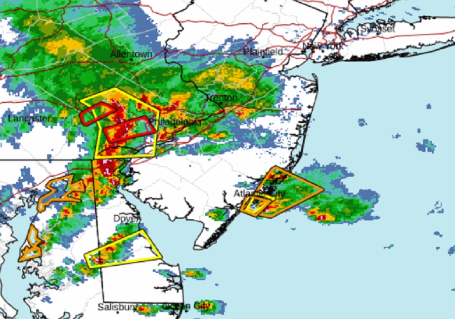 RADAR view with watches/warnings overlayed show Tornado Warnings in red polygons while Severe Thunderstorm Warnings are in orange in the Mid Atlantic. Image: NWS
