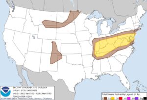 The area in yellow has an elevated risk of severe thunderstorm activity on Sunday. Image: NOAA SPC