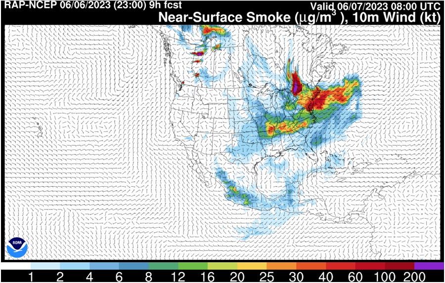 NOAA's HRRR high-resolution / short-range forecast model suggests the most dense smoke will be in the red areas of the northeast tomorrow. Image: NOAA