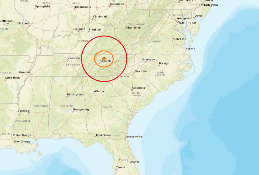 Today's earthquake struck at the orange dot inside the concentric colored circles. Image: USGS