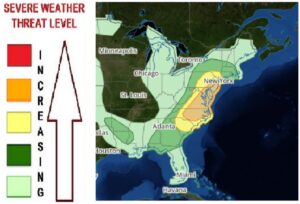 There is a risk of isolated tornadoes, damaging winds, and large hail in the Mid Atlantic today. The orange area has the highest risk of seeing severe storms in the region today. Image: weatherboy.com
