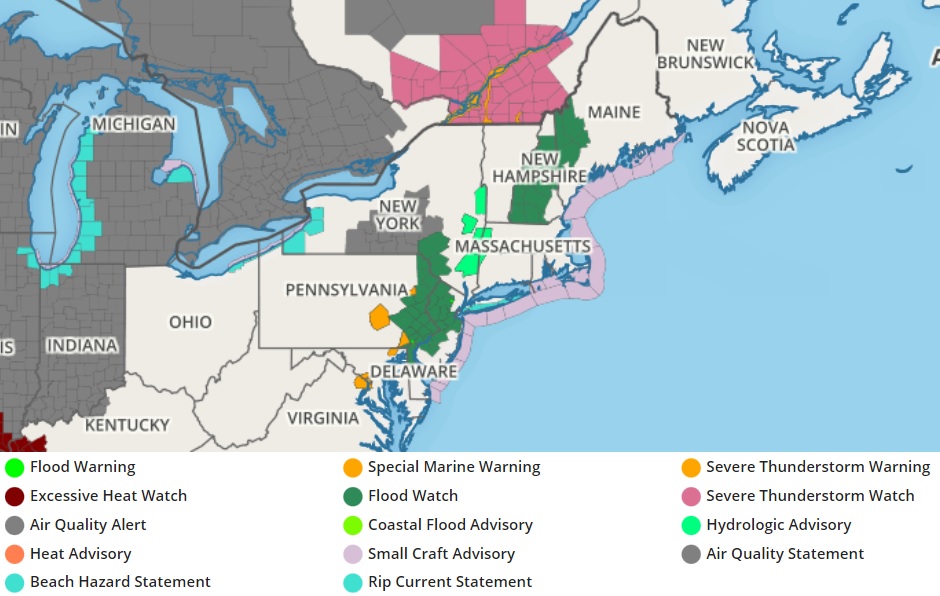 A variety of watches and warnings are currently in effect across the northeast. Image: weatherboy.com