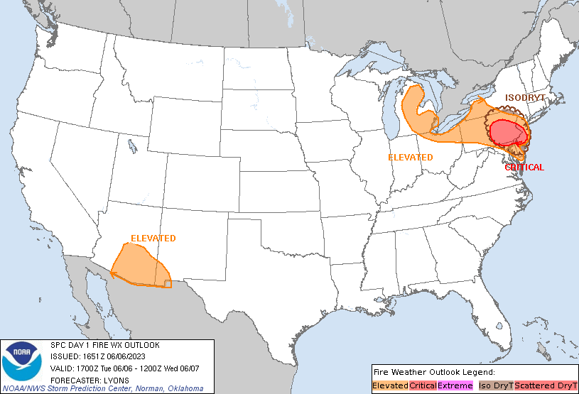 The greatest risk of fire weather is in the red zone on this map today. Image: NOAA SPC