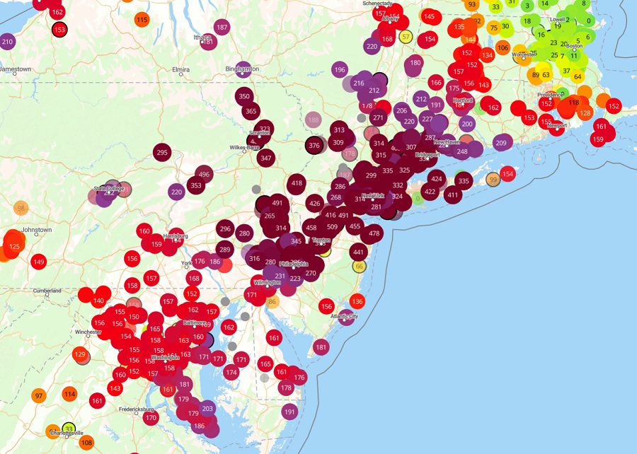 Current AQI map shows dangerously high levels of particulate matter in the air around Pennsylvania, New Jersey, and New York. Image: PurpleAir