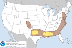 The brown areas have an elevated threat of seeing damaging winds from thunderstorms on Monday; the yellow areas have an even higher risk. Image: SPC