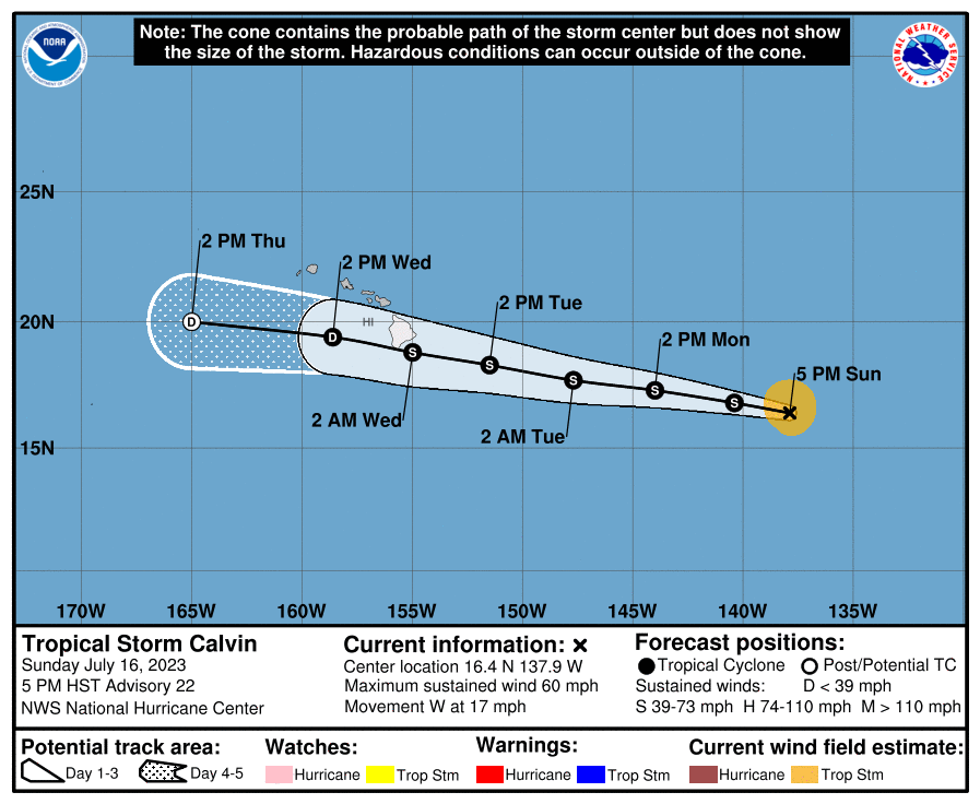 The 5pm Sunday advisory from the National Hurricane Center shows Calvin on track to hit Hawaii's Big Island late Tuesday. Image: NHC