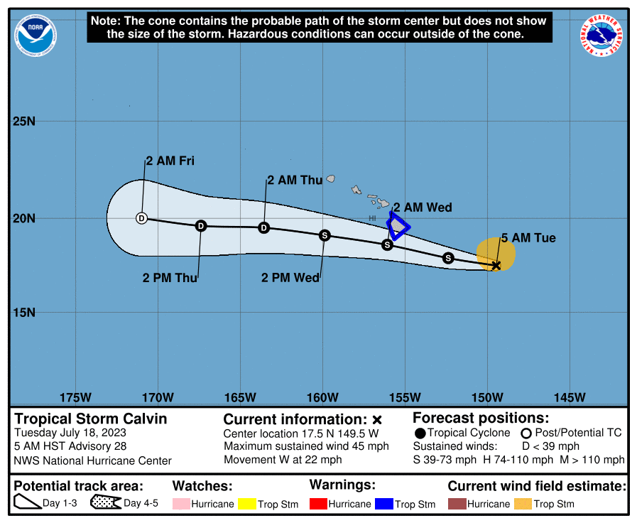 Current forecast track of where the center of Calvin will go. The storm is wide and tropical storm force winds are expected to impact much of the Big Island of Hawaii even if the storm center is south of the island. Image: NHC