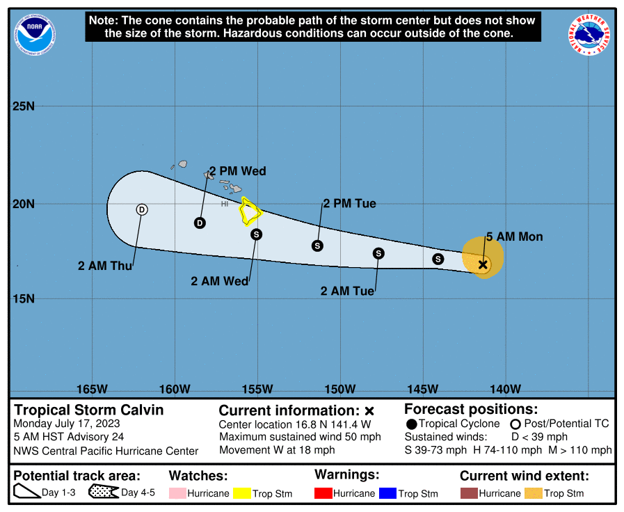 The Big Island of Hawaii is now under a Tropical Storm Watch as Calvin approaches the Aloha State. Image: CPHC