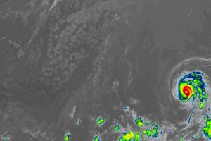 Hawaii on the left may encounter a rendezvous with Major Hurricane Calvin on the right early next week. Calvin is expected to weaken significantly before impact though. Image: NOAA