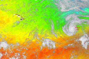 This map generated by data and imagery collected by the GOES-West satellite shows water temperatures, with cooler waters represented by blues and greens and warmer waters represented by oranges and reds. The more blue it is the colder it is while the more warmer it is, the more red it is. Hurricane Calvin is moving in the direction of Hawaii, but to do so, it'll be traveling from an area with warm water ripe for intensification into an area with cooler weather good for weakening. Image: NOAA