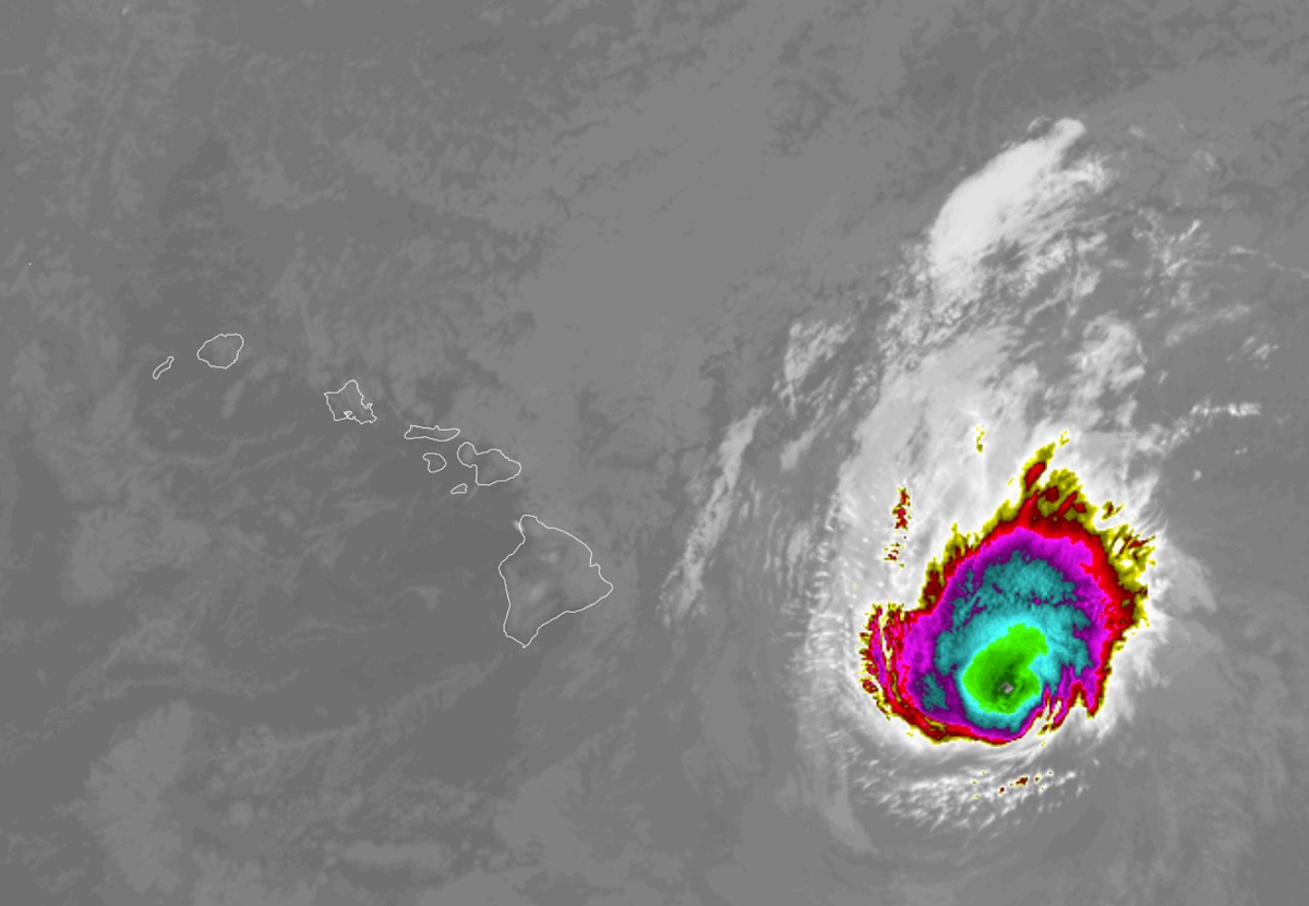 Tropical Storm Calvin will begin to impact the Big Island this evening with heavy rains, damaging winds, and even isolated tornadoes. Image: NOAA