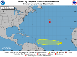 In addition to Tropical Storm Don, the National Hurricane Center has also highlighted another region in the Atlantic that could create a new tropical cyclone in the coming days. Image: NHC