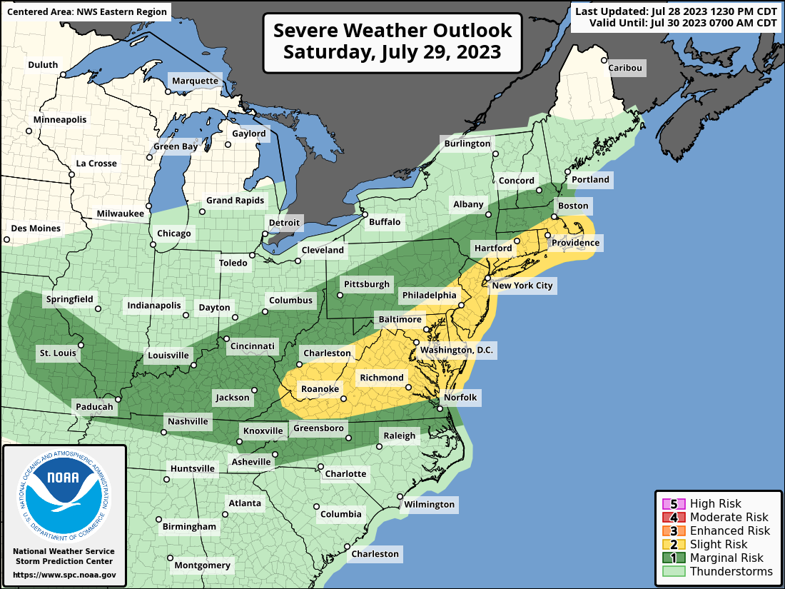 The greatest threat of severe weather tomorrow will be within the yellow zone of this map. Image: NWS SPC