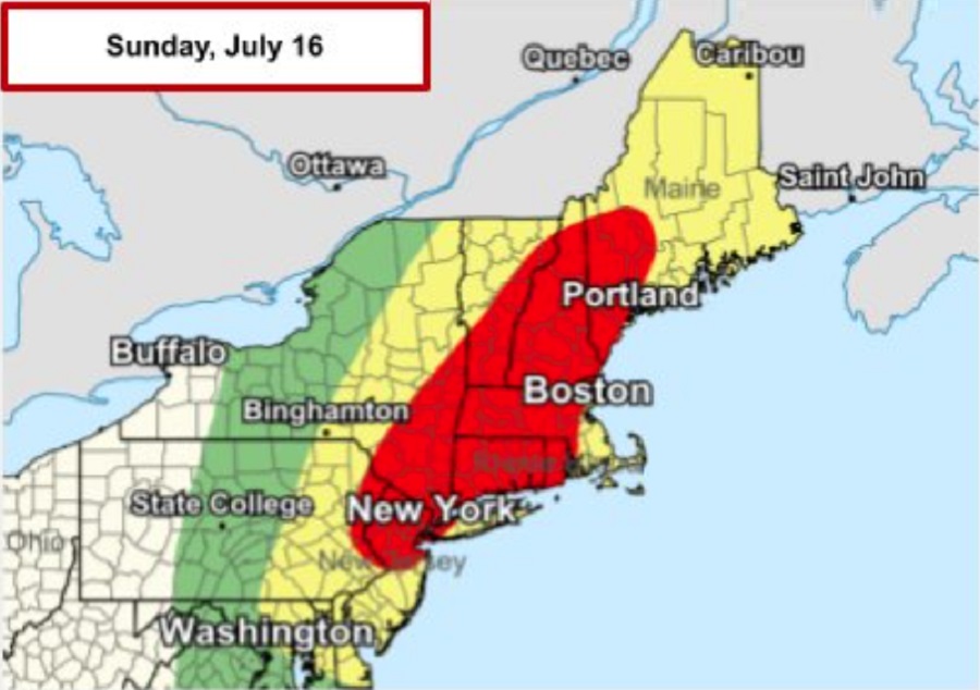 Excessive rainfall is possible throughout the colored zones in the northeast, but the red area has the highest threat of excessive rainfall which could lead to flooding. Image: NWS WPC