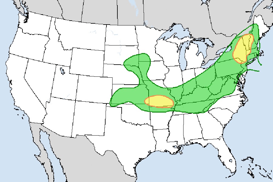 There is a risk of excessive rainfall in the colored regions across the U.S.; the yellow areas have an elevated risk over the green areas. Additional excessive rains could lead to more flooding problems in the northeast. Image: NWS WPC
