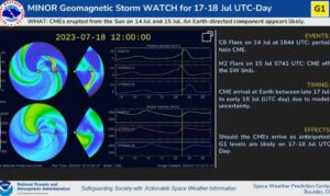 The G1 Geomagnetic Storm Watch is up from now through tomorrow night. Image: SWPC
