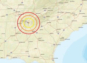 The epicenter for this morning's earthquake was in northern Georgia at the orange dot inside the colored concentric circles. Image: USGS