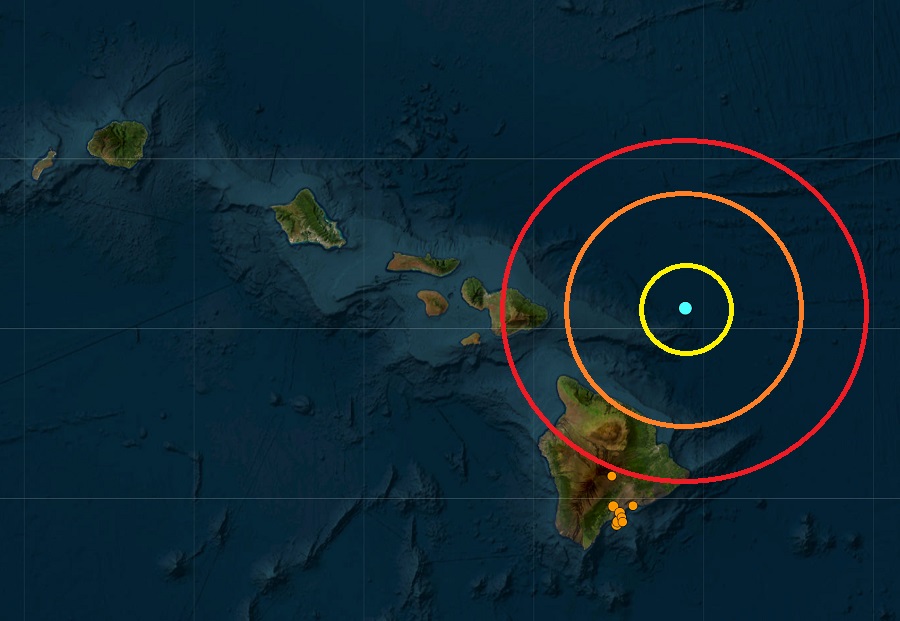 The epicenter of today's earthquake is located at the blue dot inside the colored concentric circles. Image: USGS