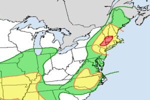 Excessive rain is possible in portions of the northeast today within the shaded regions. Yellow areas have a higher threat level and red areas have the highest. Image: NWS WPC
