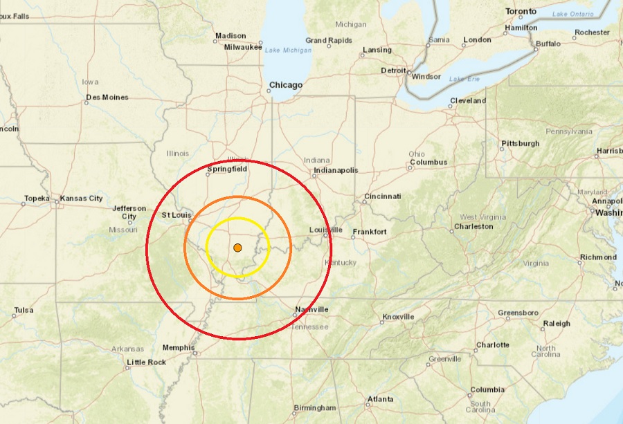The epicenter of the earthquake which struck Illinois is at the orange dot inside the concentric colored circles. Image: USGS