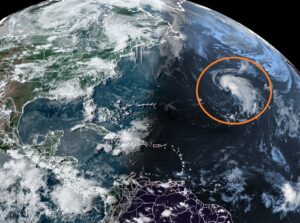 The area circled in orange on this current satellite view from the GOES-East is being monitored for development by the National Hurricane Center. Image: NOAA