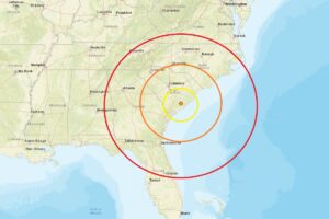 Today's earthquake struck near Charleston, South Carolina at the orange dot inside the concentric colored circles. Image: USGS
