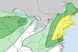 According to the National Weather Service's Storm Prediction Center, all color shaded areas could see thunderstorms tomorrow. There's a risk of severe storms in the darker green areas and an even greater risk in the areas highlighted in yellow. Image: NWS