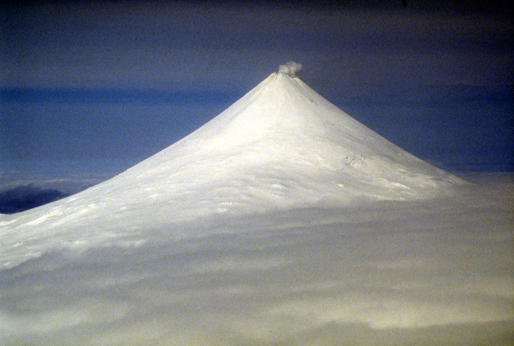 USGS has raised the volcano alert level for Shishaldin Volcano, shown here in this file photo. Image: C. Nye / Alaska Division of Geological and Geophysical Surveys.