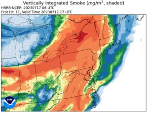 Forecast models from the National Weather Service show smoke returning to the east, with orange and red areas seeing the most dense smoke in the air. Image: NOAA