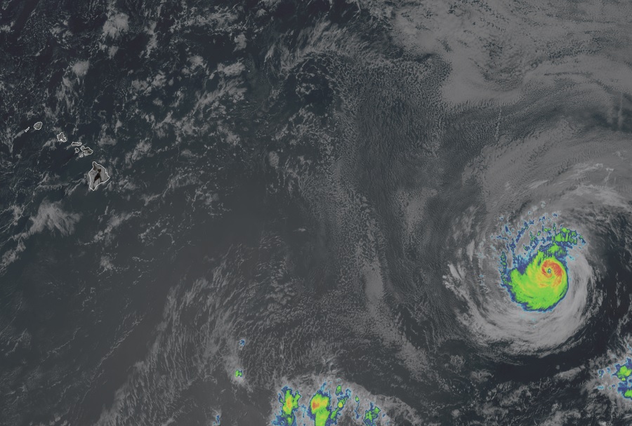 Current GOES-West satellite view shows Hawaii to the left and Tropical Storm Calvin on the right approaching Hawaii. Image: NOAA