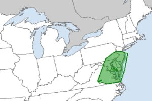 The greatest risk of tornadoes in the eastern United States today and this evening is over the green shaded region in the Mid Atlantic. Image: NWS SPC