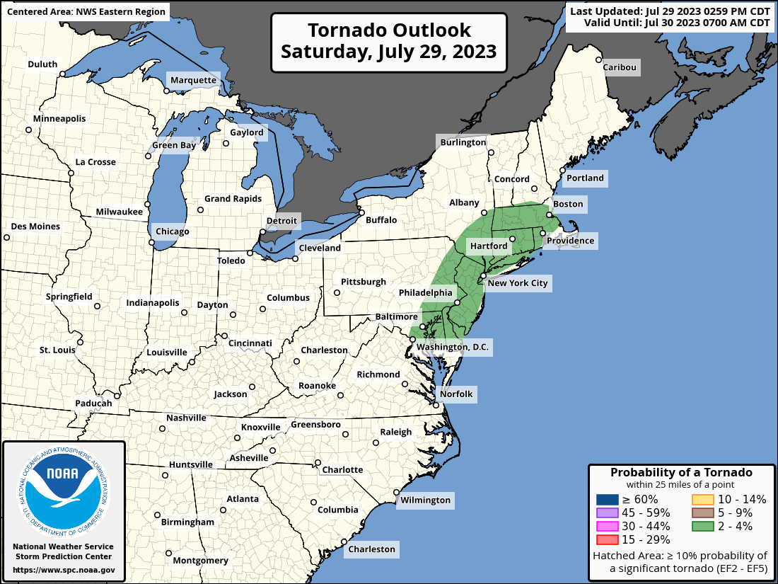 The greatest odds of tornadoes in the country today are in the green shaded areas on this map in southern New England and portions of the Mid Atlantic. Image: NWS