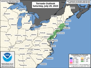 While severe thunderstorms will threaten portions of the Mid Atlantic and Northeast on Saturday, there's also this zone which features an elevated threat of tornadic cells in green in the Storm Prediction Center's latest Tornado Outlook. Image: NWS SPC