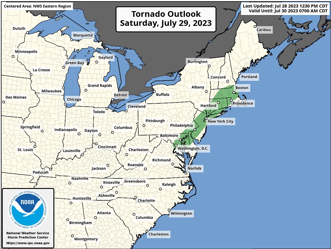 According to the Storm Prediction Center, the greatest threat of tornadoes in tomorrow's severe weather outbreak is within this green zone on this map.  Image: NWS SPC