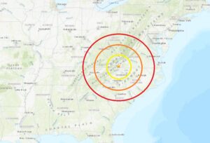 An earthquake struck Virginia early today at the orange star inside the colored concentric circles. Image: USGS