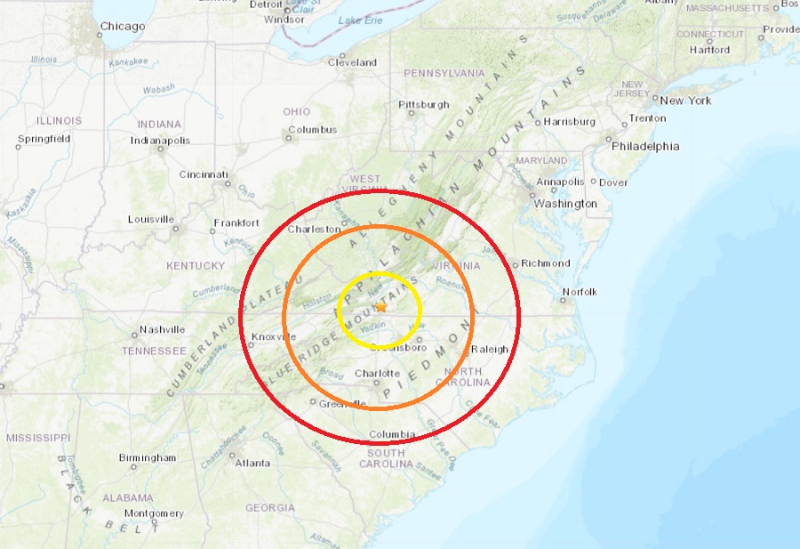 Today's fresh earthquake struck at the star inside the colored concentric circles on this map.  Image: USGS