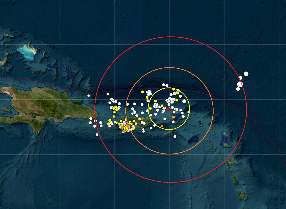 Each dot on this map represents the epicenter of an earthquake in the region over the last 30 days, with the yellow dots reflecting more recent earthquakes, and the red dot inside the concentric colored circles representing the epicenter of today's earthquake north of the Virgin Islands. Image: USGS